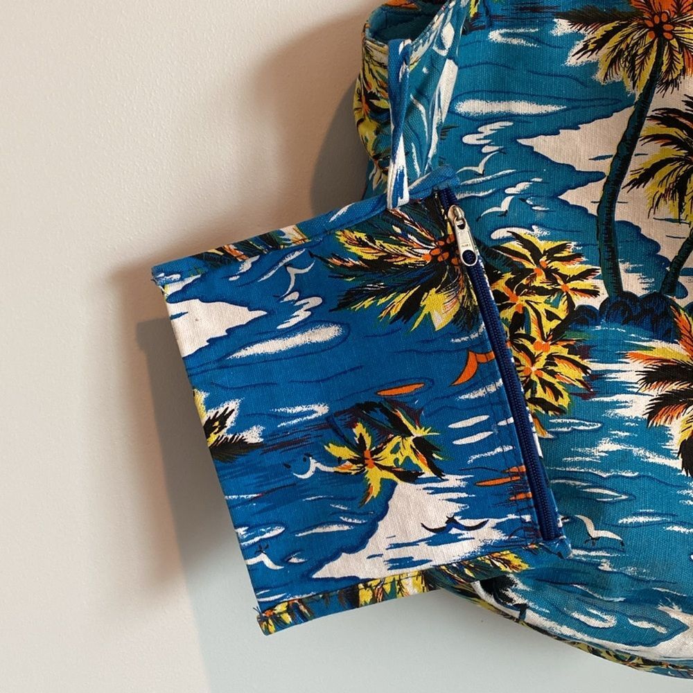 Beach Tote Tropical Print sz XL Vacation Zipper Cotton Lined Attached Pouch - Picture 6 of 7